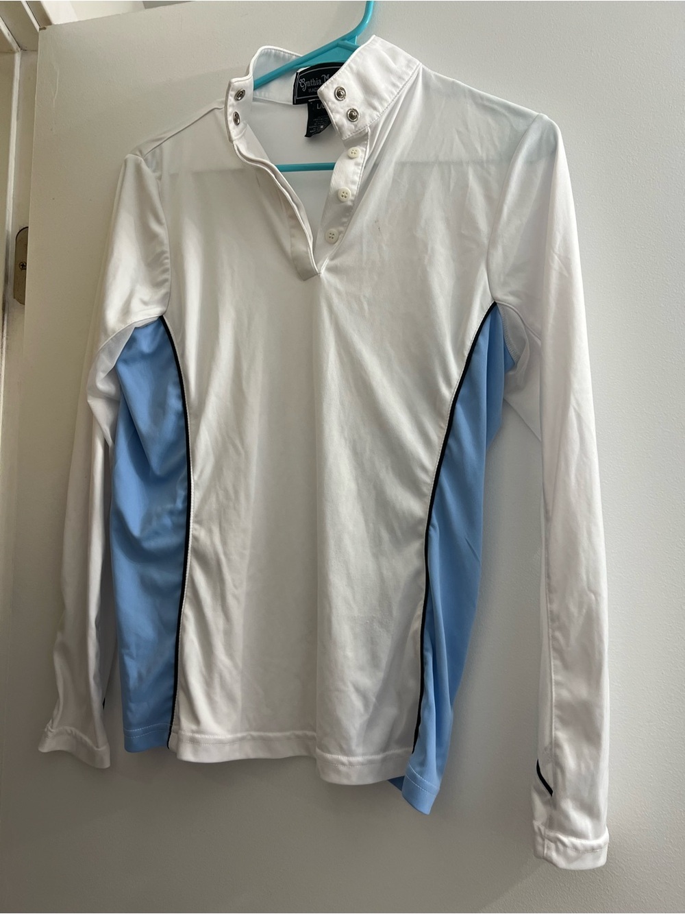 Signature Performance Long-Sleeve Polo Top - White with Light Blue Panels